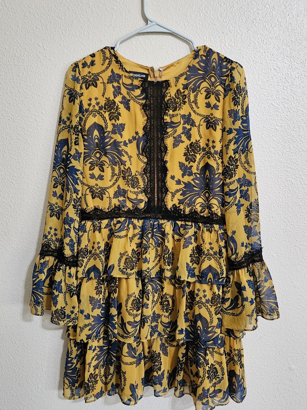 Bebe Sheer Tiered Yellow Floral Dress with Black Lace Trim
